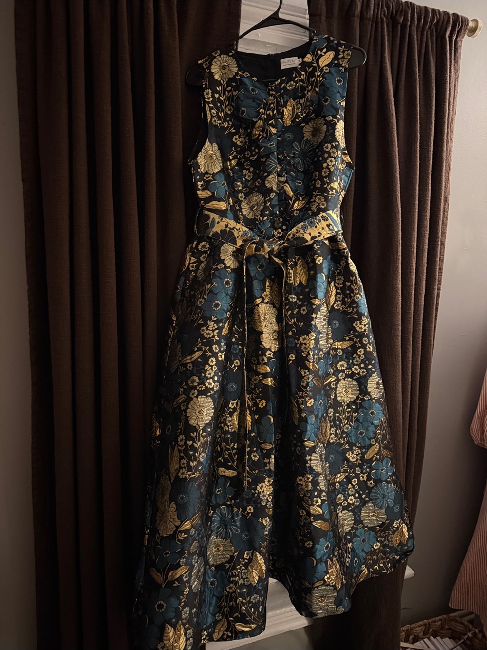 Metallic Floral Maxi Dress in Black and Teal with Gold Accents